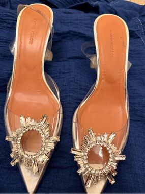 Amina Muaddi Crystal-Embellished Clear Pointed Mule with Tan Insole